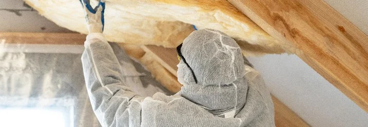 Person befestigt Dämmwolle an Dachsparren